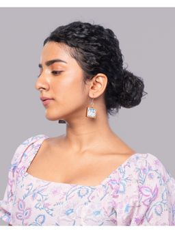 WHE - Blue Repurposed Fabric and Wood Square Earrings