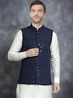 SG LEMAN - Men Navy Blue Nehru Jacket