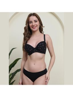 PrettyCat - Women Black Lightly Padded Printed T-shirt Bra and Panty