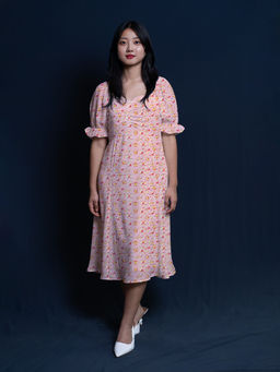 Zink London - Womens Pink Floral Print A-Line Midi Dress