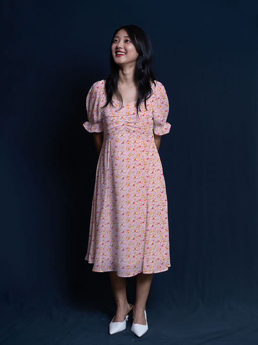 knee length dresses for ladies White and Pink Floral Dress S main image 1