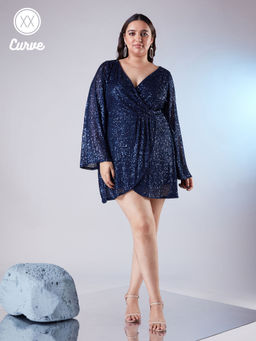 Twenty Dresses by Nykaa Fashion - Curve Navy Blue Sequin Overlap Sheath Short Dress