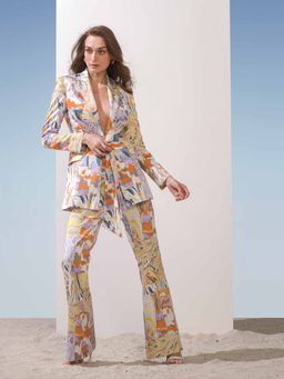 MANDIRA WIRK - Satin Marble Print Front Tie-Up Jacket & Pants (Set of 2)