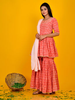 Rangpur - Orange Cotton Printed Kurta With Sharara & Dupatta (Set of 3)