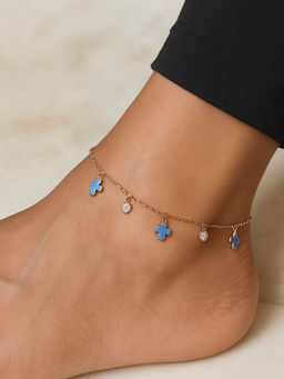 Tora - Women 92.5 Silver Clover Blue and Heart Charm Anklets