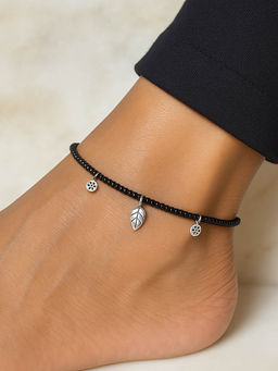 Tora - Women 92.5 Silver and Black Leaf Charm Anklets