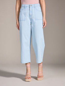 Twenty Dresses by Nykaa Fashion - Light Blue Solid High Waist Culotte Denims