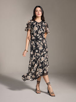 Twenty Dresses by Nykaa Fashion - Black Multicolor Floral Ruffled Asymmetric Hem Dress