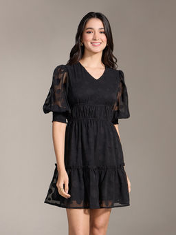Twenty Dresses by Nykaa Fashion - Black Textured Fit and Flared Puff Sleeves Short Dress