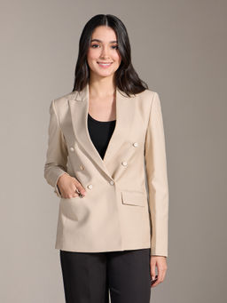 Twenty Dresses by Nykaa Fashion - Beige Solid Double Breasted Full Sleeves Blazer