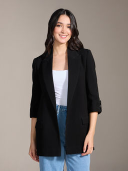Twenty Dresses by Nykaa Fashion - Black Solid Lapel Collar Rolled Sleeves Longline Blazer