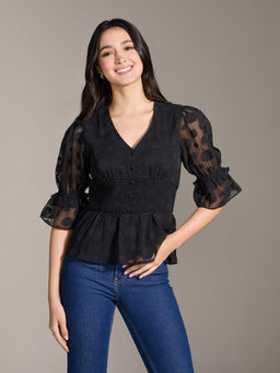 Twenty Dresses by Nykaa Fashion - Black Textured Short Puff Sleeves Peplum Top