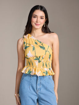 Twenty Dresses by Nykaa Fashion - Yellow Floral One Shoulder Neck Peplum Top
