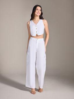 Twenty Dresses by Nykaa Fashion - White V Neck Vest High Waist Pants Co Ord Set