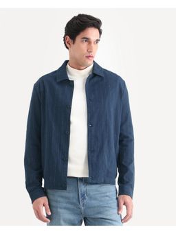 Rare Rabbit - Men Navy Blue Linen Blend Stripes Shacket