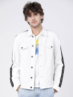 LOCOMOTIVE - Men White Cotton Solid Denim Jacket