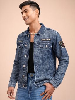 LOCOMOTIVE - Men Blue Cotton Solid Denim Jacket