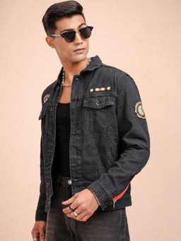 LOCOMOTIVE - Men Black Cotton Solid Denim Jacket