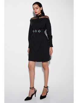 Ozeqo - Adele Black Shirt Style Mini Dress with Belt (Set of 2)