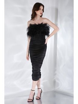 Ozeqo - Alaya Black Solid Strapless Tube Midi Dress Fur Feathers (Set of 2)