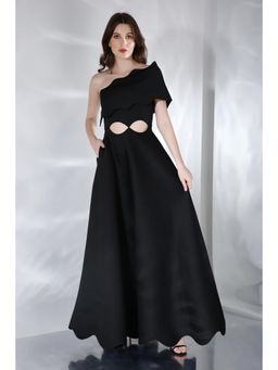 Ozeqo - Francesca Black Solid One Shoulder Maxi Dress with Wrap (Set of 2)