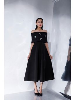 Ozeqo - Gaia Black Emerald Studded Off Shoulder Midi Dress with Wrap (Set of 2)