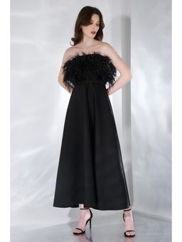 Ozeqo - Gaia Black Solid Strapless Tube Maxi Dress with Fur Feathers (Set of 2)