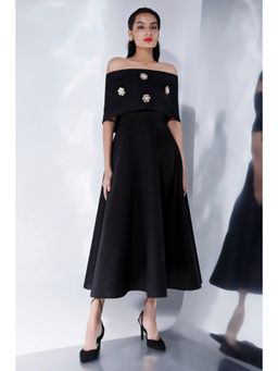 Ozeqo - Gaia Black Gold Floral Off Shoulder Midi Dress with Wrap (Set of 2)