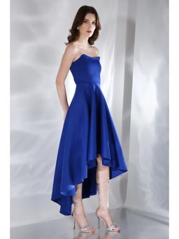 Ozeqo - Imperial Blue Solid Strapless Tube Midi Dress