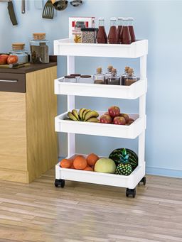 Kuber Industries - 4-Layer Multipurpose Plastic Kitchen Trolley With Wheels - White