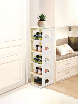 Kuber Industries - Plastic Stackable 5 Layer Shoes Rack For Indoor Outdoor - White & Ivory