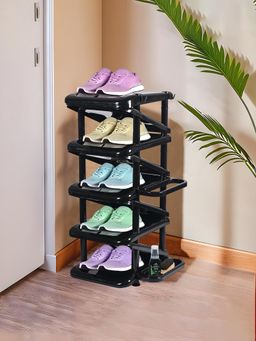 Kuber Industries - Foldable 5-Tier Plastic Shoe Stand With Side Hooks - Tower - Black