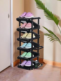Kuber Industries - Foldable 6-Tier Plastic Shoe Stand With Side Hooks - Tower - Black