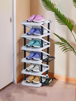 Kuber Industries - Foldable 6-Tier Plastic Shoe Stand With Side Hooks - Tower - Light Grey
