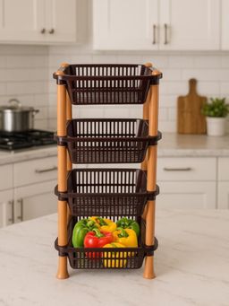 Kuber Industries - Plastic 4 Layer Square Storage Basket For Kitchen-Fiesta Rack-Brown