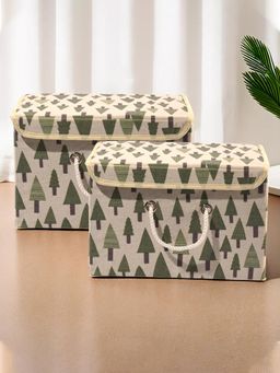 Kuber Industries - ( Large ) Tree-Print Foldable Cotton Drawer Organizer - Cream (Pack of 2)