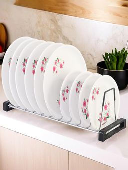 Kuber Industries - 10 Sections Stainless Steel Plate Stand With Rubber Grip - 20 Inch - Silver