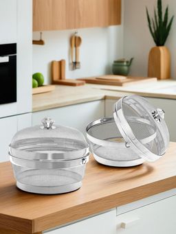 Kuber Industries - Stainless Steel Fruit Basket With Net Cover & Lid - Silver (Pack of 2)