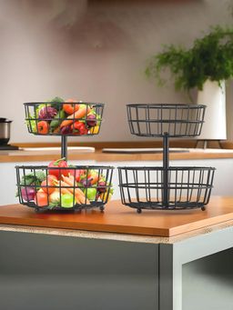 Kuber Industries - Metal 2-Layer Storage Basket & Circular Countertop Side Stand - Black (Pack of 2)