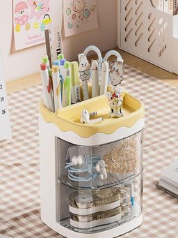 House of Quirk - Pen Holder Plastic Stationery Storage Box With Rotating Drawer - Yellow