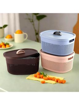 Kuber Industries - Medium Multipurpose Storage Baskets With Lid Plastic Shape-Oval (Pack of 3)
