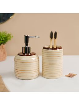 Voncasa - Von Casa Brush Holder & Soap Dispenser Ceramic Cream (Brown Top) (Pack of 2)