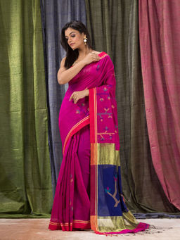 Angoshobha - Rani Pink Cotton Blended Traditional Jamdani Saree with Unstitched Blouse