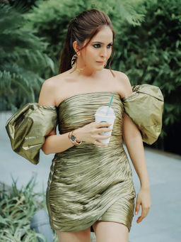 Kayjay by Kritika Jain - Off-Shoulder Ruched Drip In Gold Dress