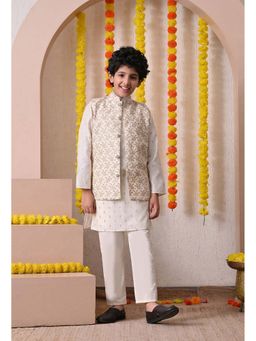Indi-Loom Couture - Boys Off White Chanderi Silk Kurta with Pyjama and Jacket