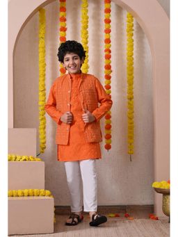 Indi-Loom Couture - Boys Orange Cotton Kurta with Pyjama and Jacket