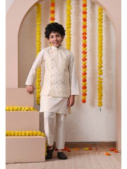 Indi-Loom Couture - Boys Off White Cotton Kurta with Pyjama and Jacket