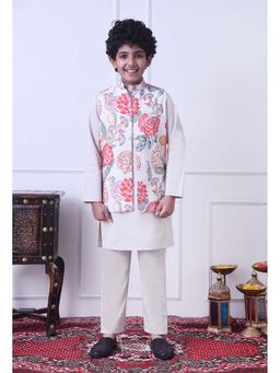 Indi-Loom Couture - Boys Off White Cotton Kurta with Pyjama and Jacket