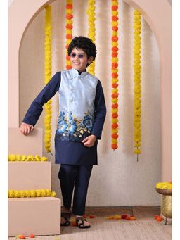 Indi-Loom Couture - Boys Navy Blue Cotton Kurta with Pyjama and Jacket