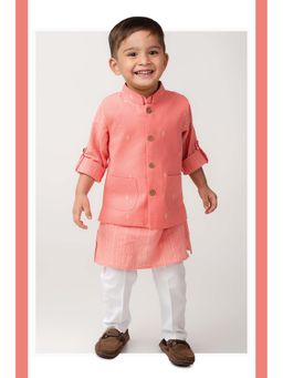 Little Collars - Boys Peach Cotton Kurta with Pyjama and Jacket